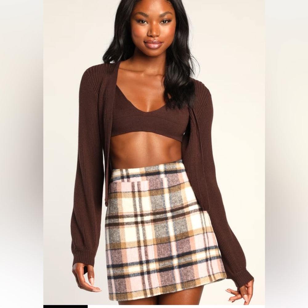 Plaid Mini Skirt in Brown and Cream